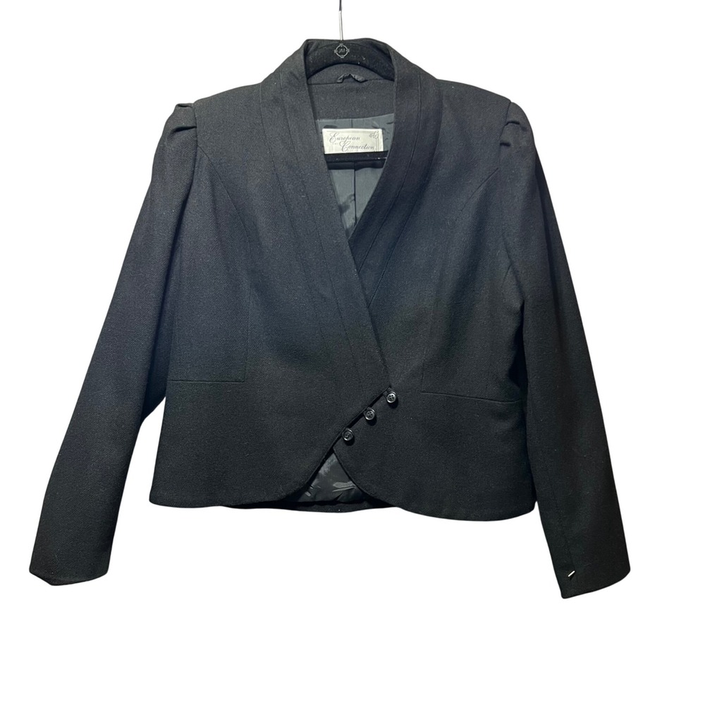 Vintage 80s‎ European Connection Wool Blend Shawl Collar Cropped Blazer L Black